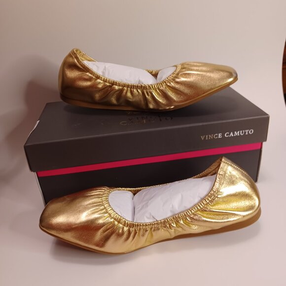 New Vince Camuto Gold Leather Ballet Slippers Shoes - Picture 5 of 8